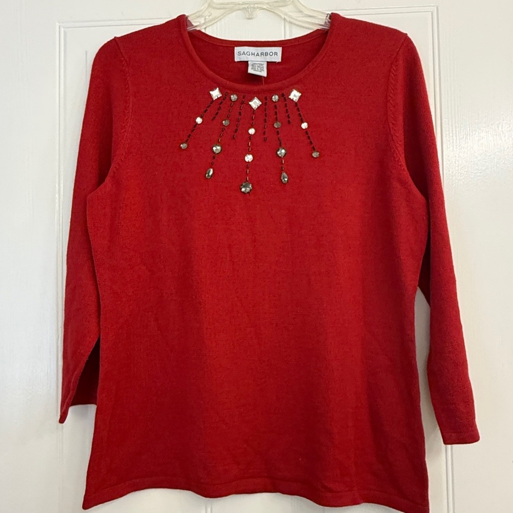 Sag Harbor Red Sweater with Crystal Embellishments. NWT. Size S